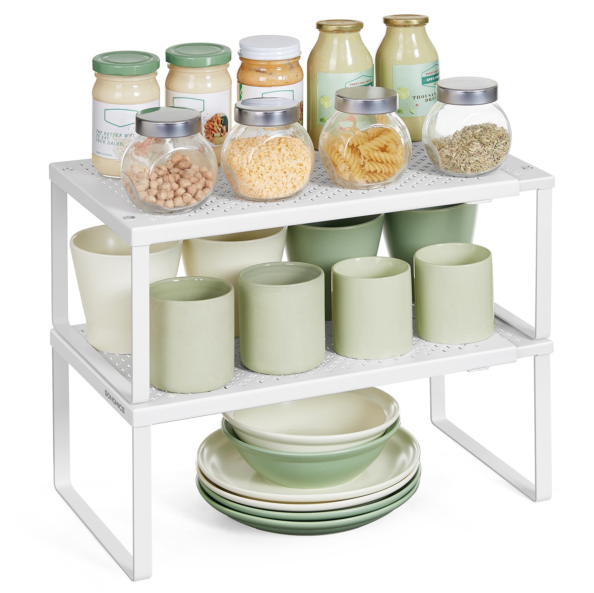 SONGMICS Spice Racks, Extendable Cupboard Organisers, Kitchen Countertop Shelves, Set of 2, Space-Saving Metal Storage