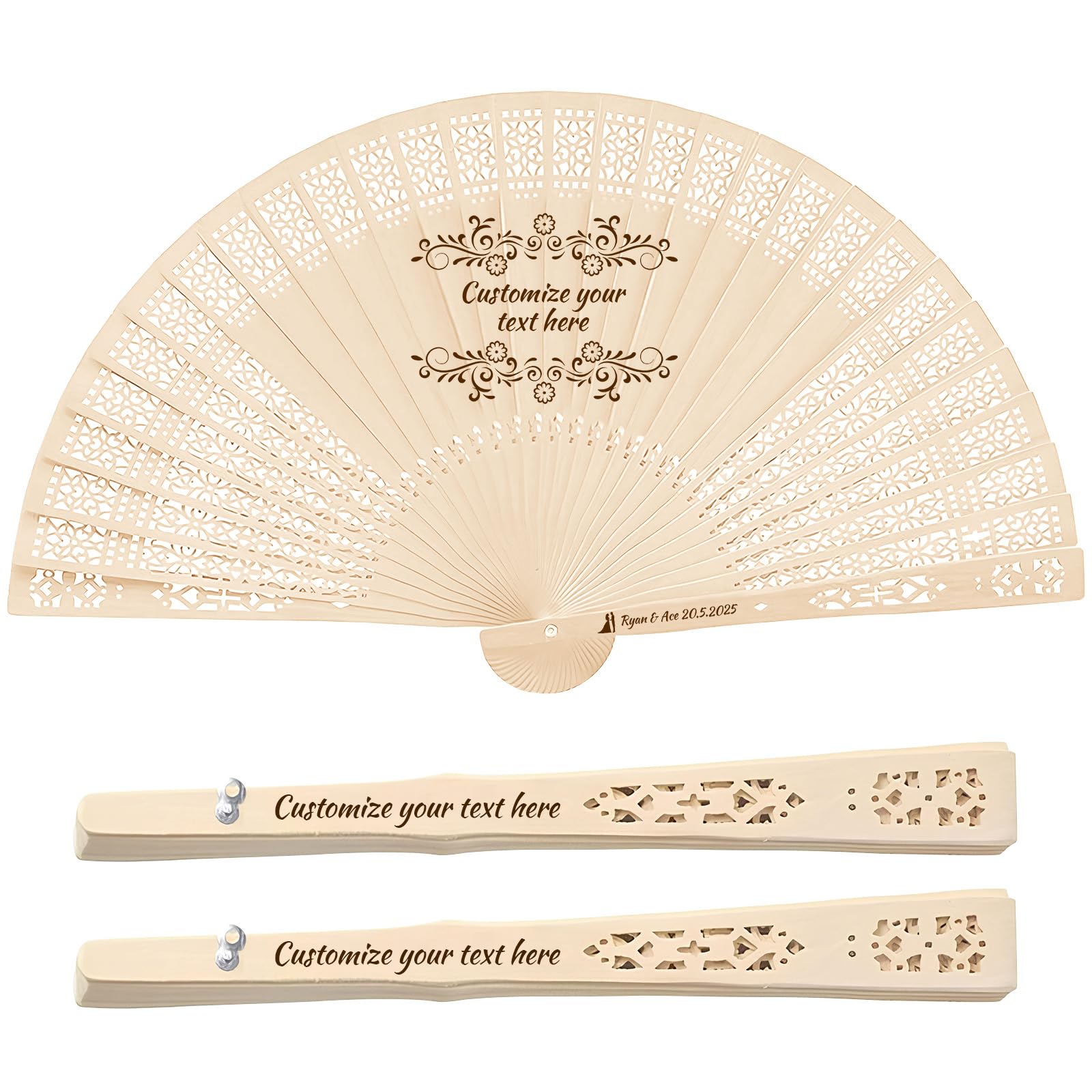 XSTZR 10Pcs personalized wedding fans, custom handheld fans, wedding fans, unique bridal shower party favors, handmade wooden fans for guests (Hollow wooden fan)