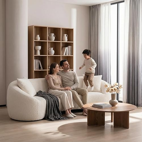 Sofá curvado moderno de 93.31 pulgadas, sofá de tela Boucle Teddy de 3 plazas con 2 almohadas, cómodos sofás para sala de estar, dormitorio,