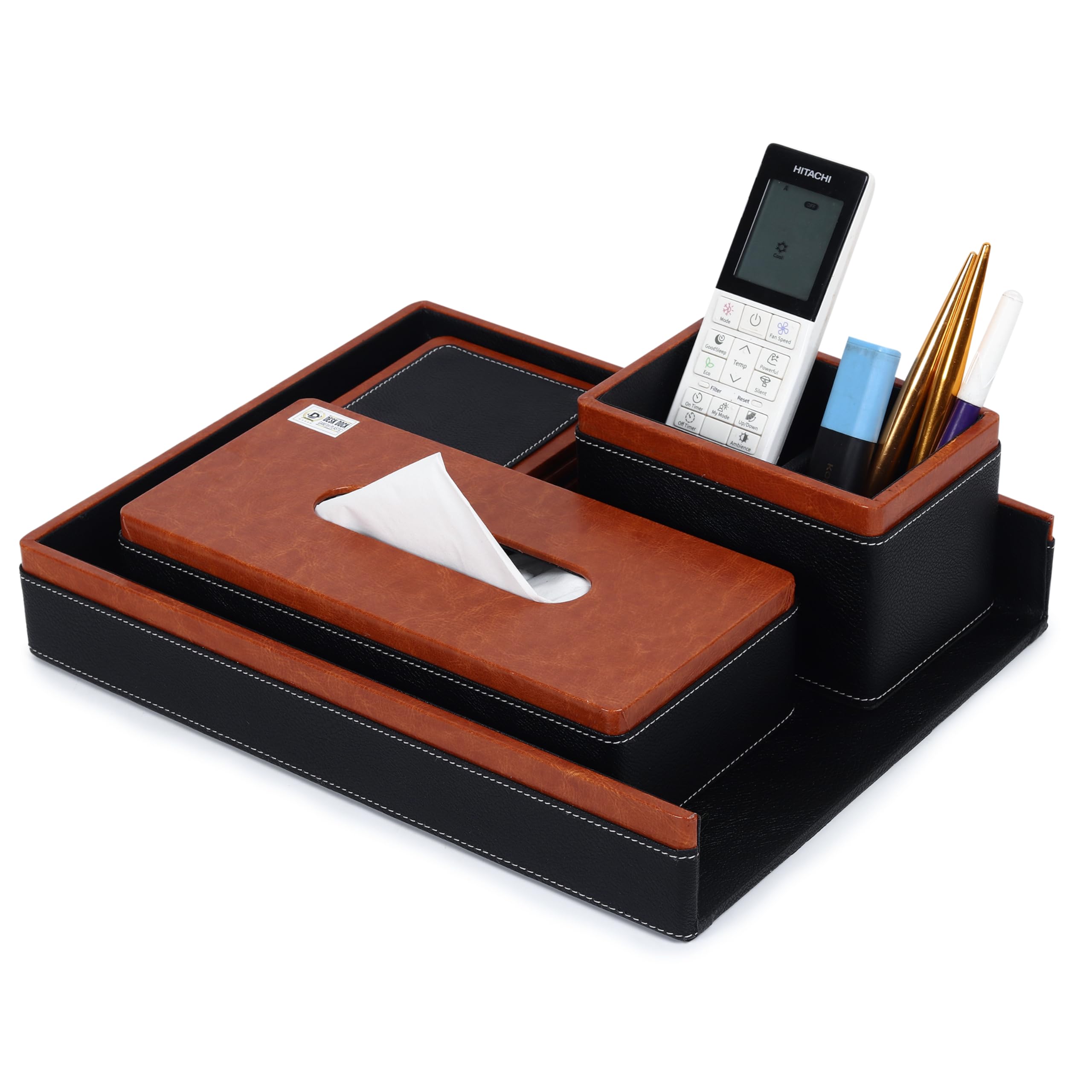 DESKDOCK VIP Organizer da scrivania in pelle con scatola per fazzoletti, porta telecomando, portapenne, nero e marrone, grande