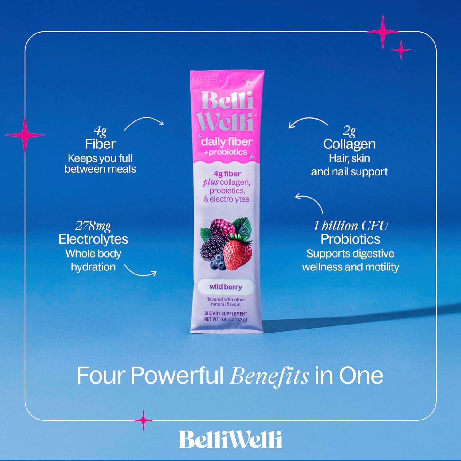 Belli Welli Daily Fiber Supplement Packets with Collagen, Probiotics & Electrolytes | Single Serve Packets for Gut Health, Digestion & Debloating | Wild Berry | 10 Count
