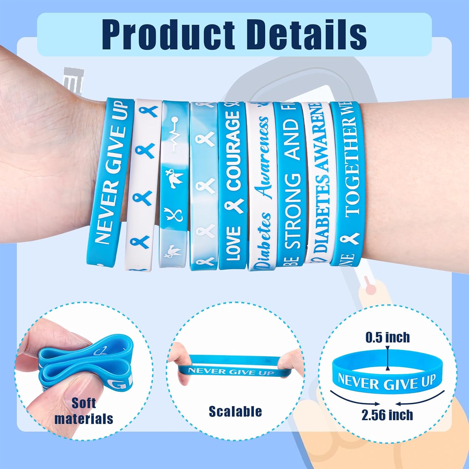 144pcs Diabetes Awareness Bracelets – Bulk Blue Silicone Ribbon Wristbands, Gifts for Diabetes Accessories - Image 5