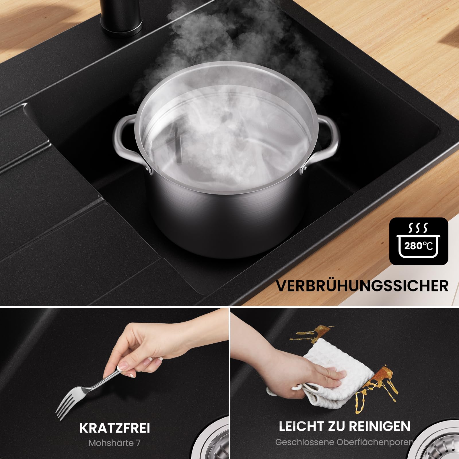 CECIPA Fregadero de cocina negro 65 x 45 cm con grifo extensible, fregadero de granito a partir de 40 cm de ancho, fregadero con sifón y rebosadero, fregadero con escurridor | CECIPA Fregadero de cocina negro con grifo extensible, fregadero de granito a p