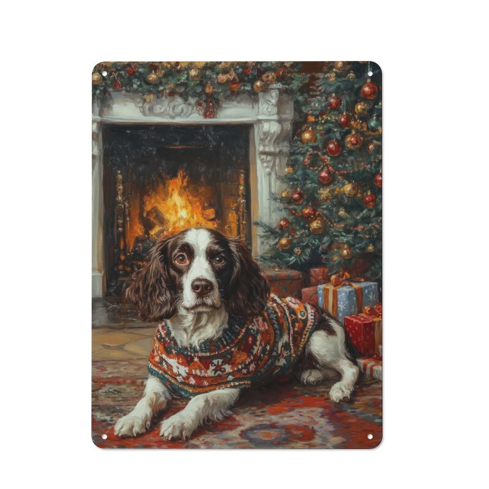 Junmoney English Springer Spaniel By Fireplace Dog In Sweater Christmas Art Vintage Metal Wall Sign 40X30cm For Garage Or Workshop, For Metal Sign Collectors, For Garage And Workshop Walls