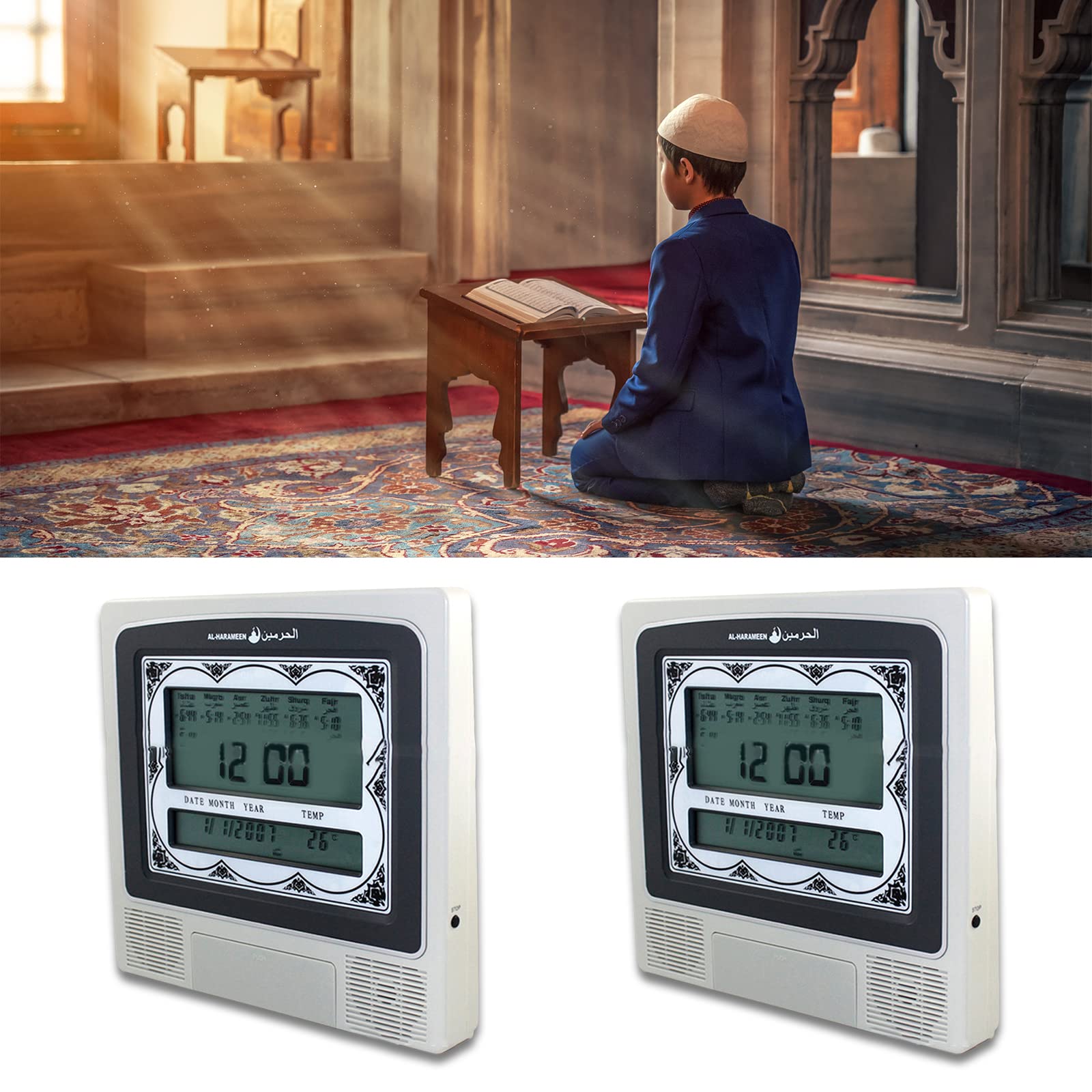 Horloge décorative Azan avec calendrier de prière musulmane, réveil numérique, rappel numérique, réveil numérique automatique décoratif pour chambre d ' enfant, pour gros dormeurs, avec shaker de lit,