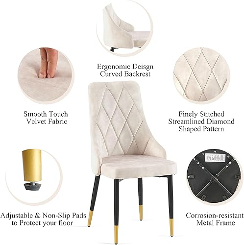 Miniatura 3 de NORDICANA Juego de 2 sillas de comedor tapizadas de terciopelo, sillas laterales sin brazos beige con patas de metal para la cocina del hogar