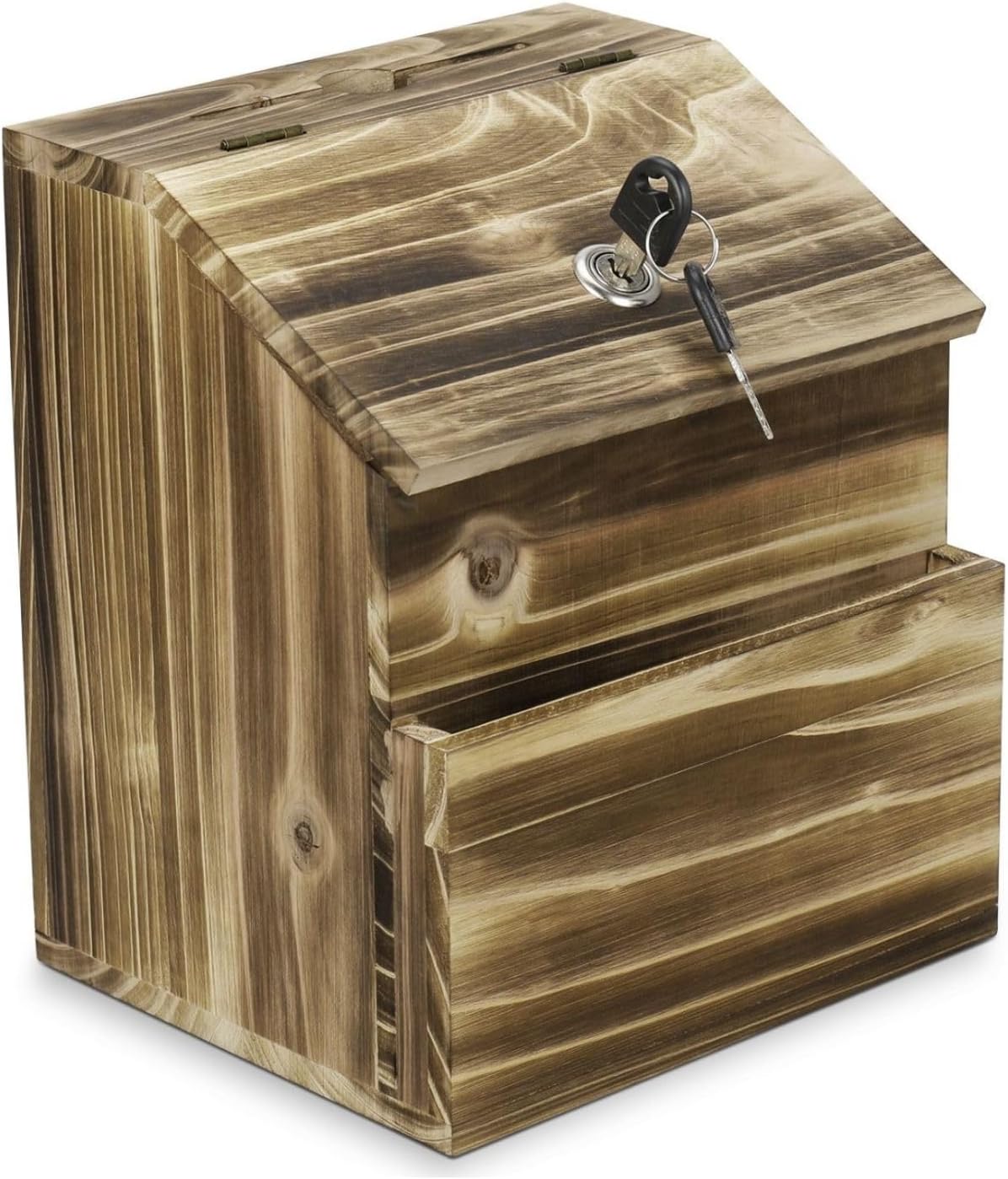 Wooden Lockable Suggestion Box with Key Lock Lid, Wall Mounted or Free Standing Locked Ballot Prayer Donation Comment Cash Tip Money Drop Box Includes Hardware, 2 Keys