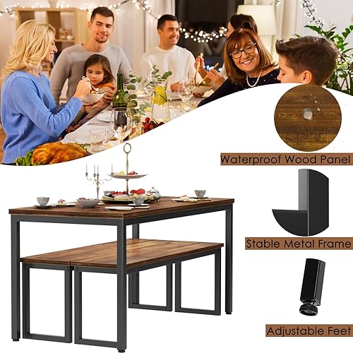 Miniatura 5 de soges Juego de mesa de cocina con 2 bancos, juego de mesa de comedor para 4, mesa de comedor de 3 piezas y bancos largos, juego de mesa de café de