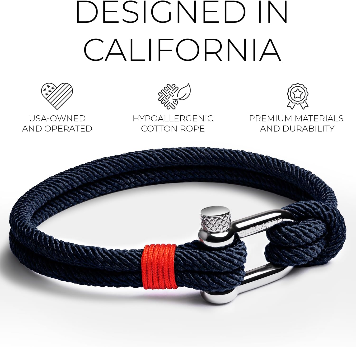 Elegatto Alchor Premium Rope Bracelet for Men | Nylon Marine Cord with Silver Polished Stainless Steel Shackle Closure | Waterproof and Fade-Resistant | Men’s Designer Bracelets - Image 2