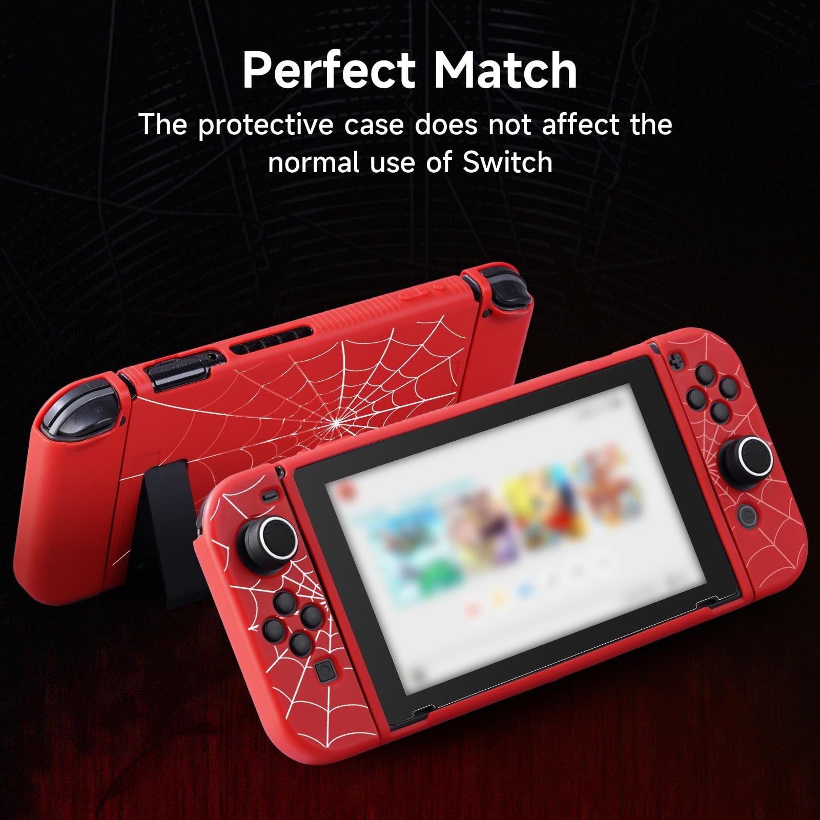 JINGDU Etui ochronne na Switch 2017 NS, dokowalny miękki ochraniacz TPU, wąskie, amortyzujące wstrząsy, odporne na zarysowania, z uchwytami na kciuki (pajęczyna, czerwony)