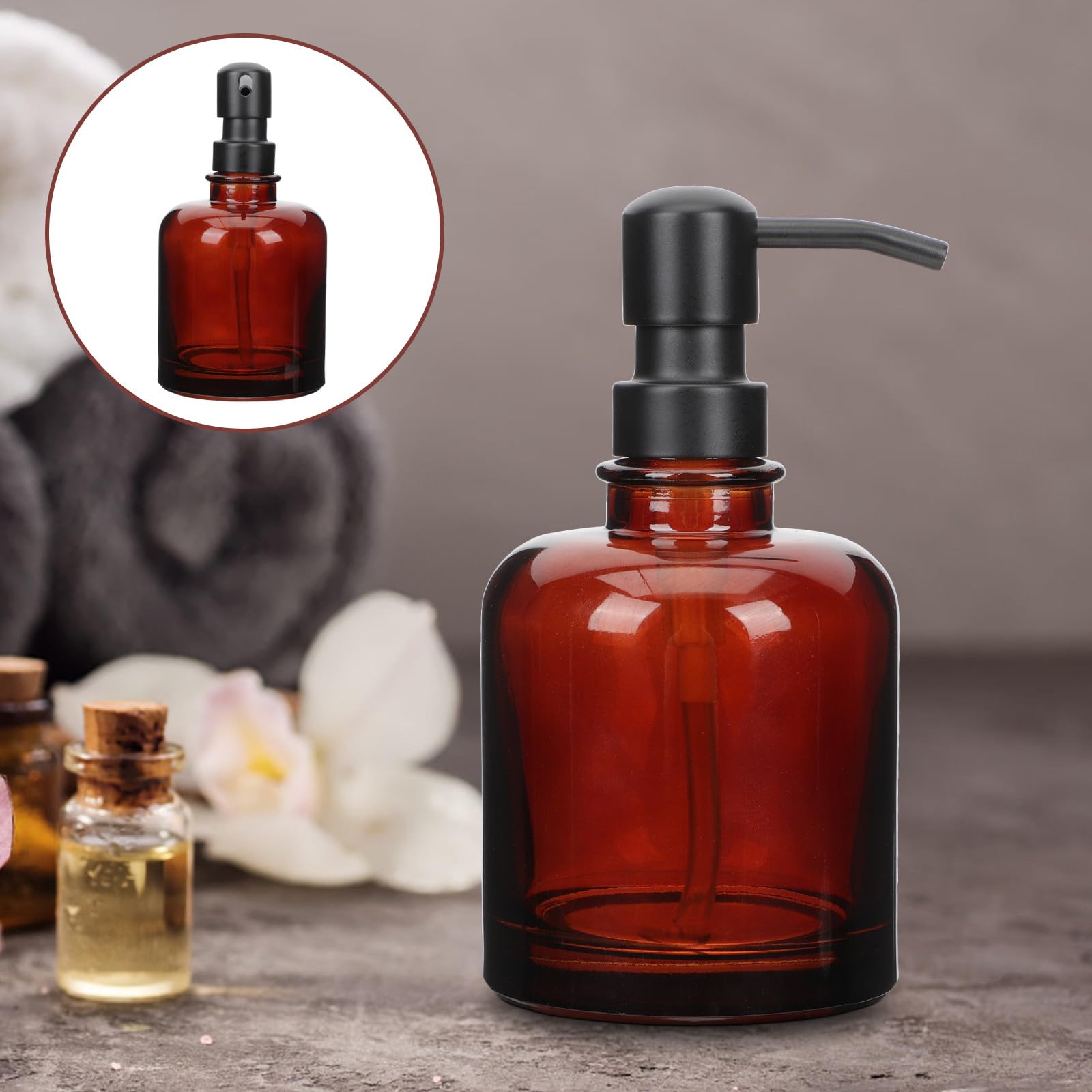 Gatuida Dispensador de Jabón Líquido de Acero Inoxidable 12 Oz con Bomba Negra y Botella Ámbar Dosificador para Champú y Loción Adecuado para Baño y Cocina Dispensador Recargable de