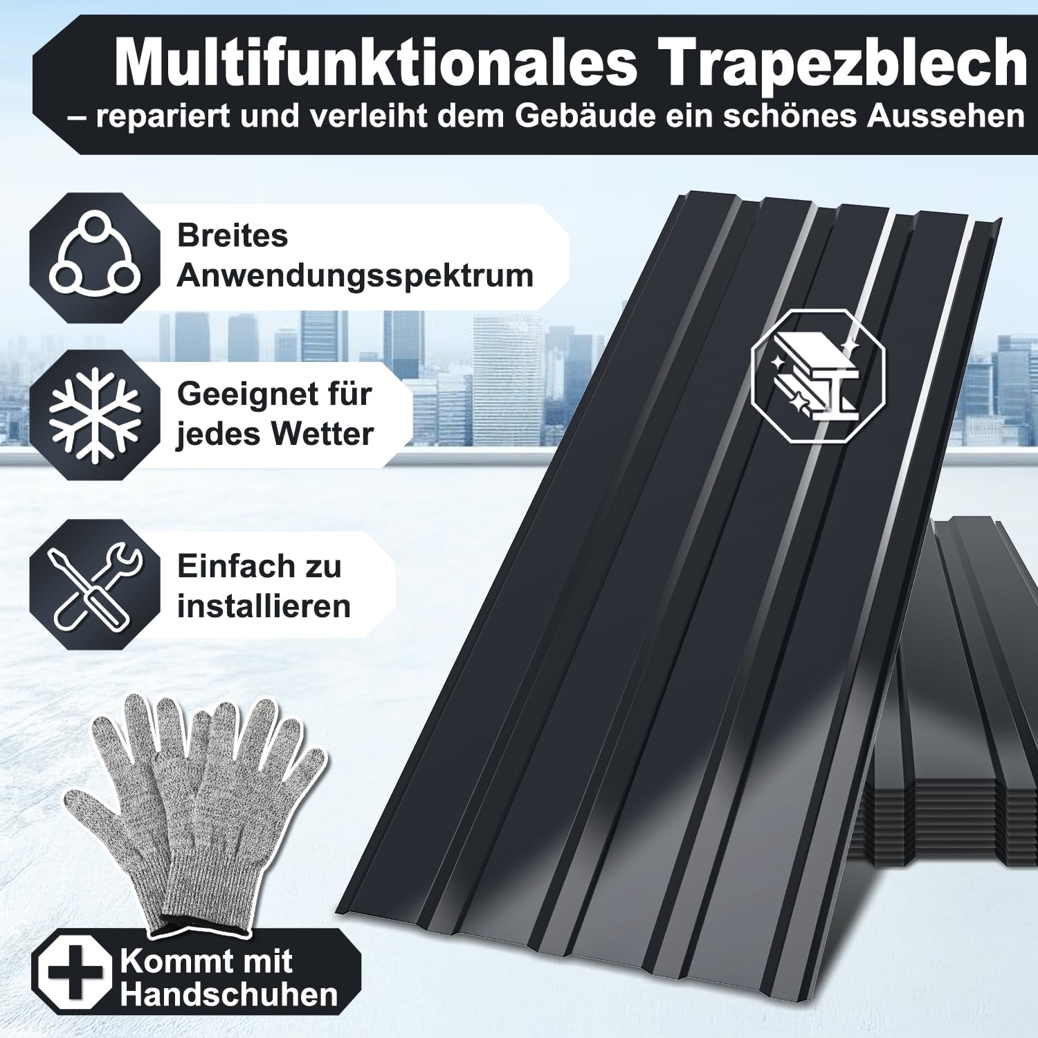 24 chapas trapezoidales para techo, 115 x 45 cm = 12 m², chapa trapezoidal, metal y acero, 0,25 mm, guantes de montaje, para cobertizo, color antracita