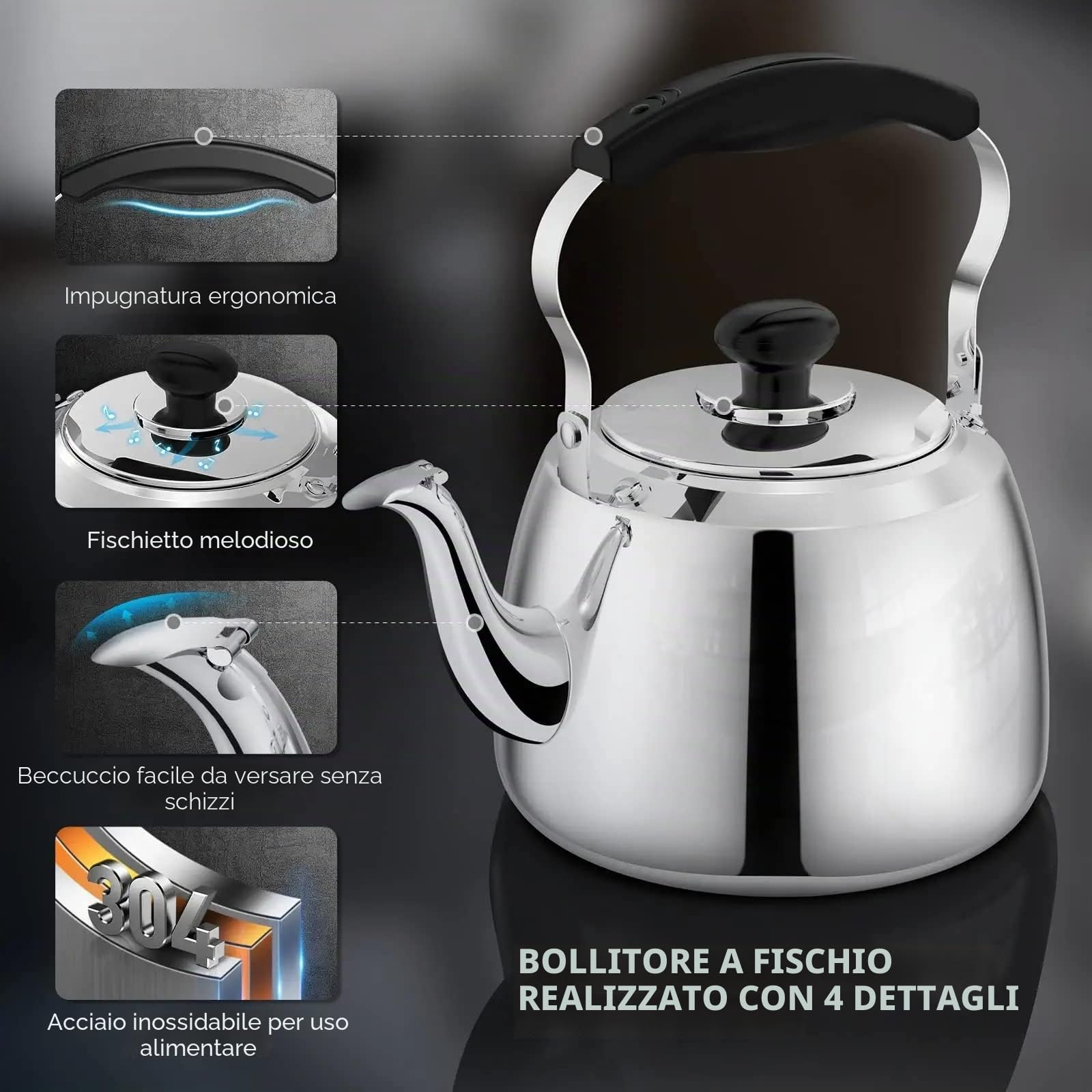 3L 4L 5L 6L 7L stufa Top bollitore da tè, teiera in acciaio inox per casa e cucina, bollitore a fischio, adatto per tutti i tipi di piano cottura/stufa, 7L