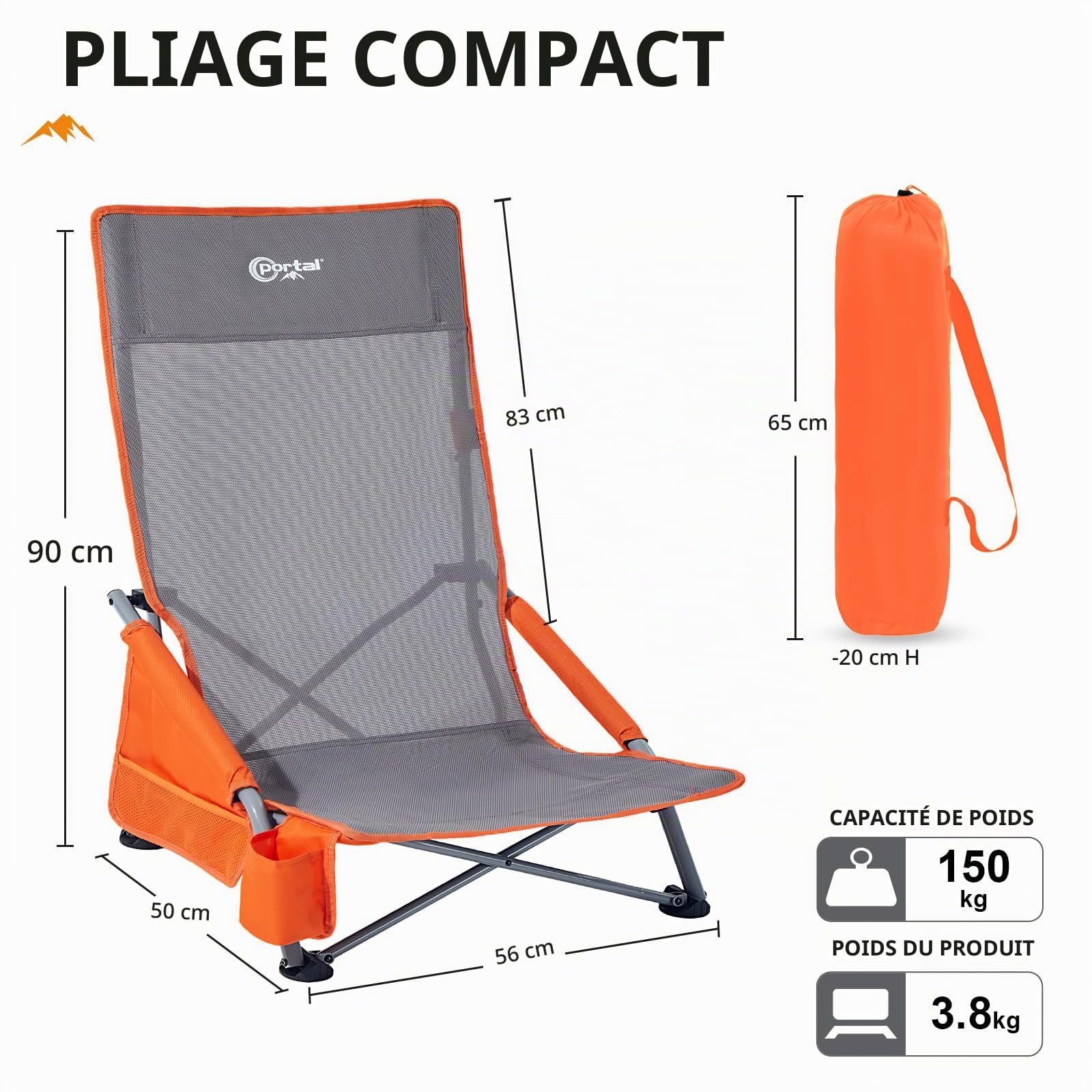 Portal Lot de 2 chaises de plage à dossier haut légères et portables pour adultes, siège de plage, festival, pique-nique, sac à dos, chaise longue pliable avec porte-gobelet, maille respirante, 150 kg