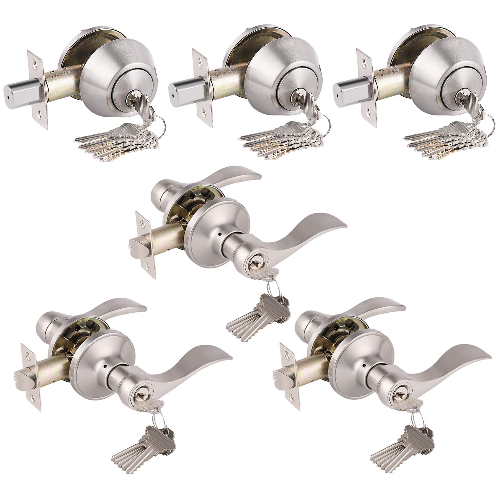 Wave Entry Door Levers and Double Cylinder Deadbolt Combination Lockset,Satin Nickel Finished, Keyed Alike Entrance Door Locks,Universal for Right and Left Handed Doors,3Pack