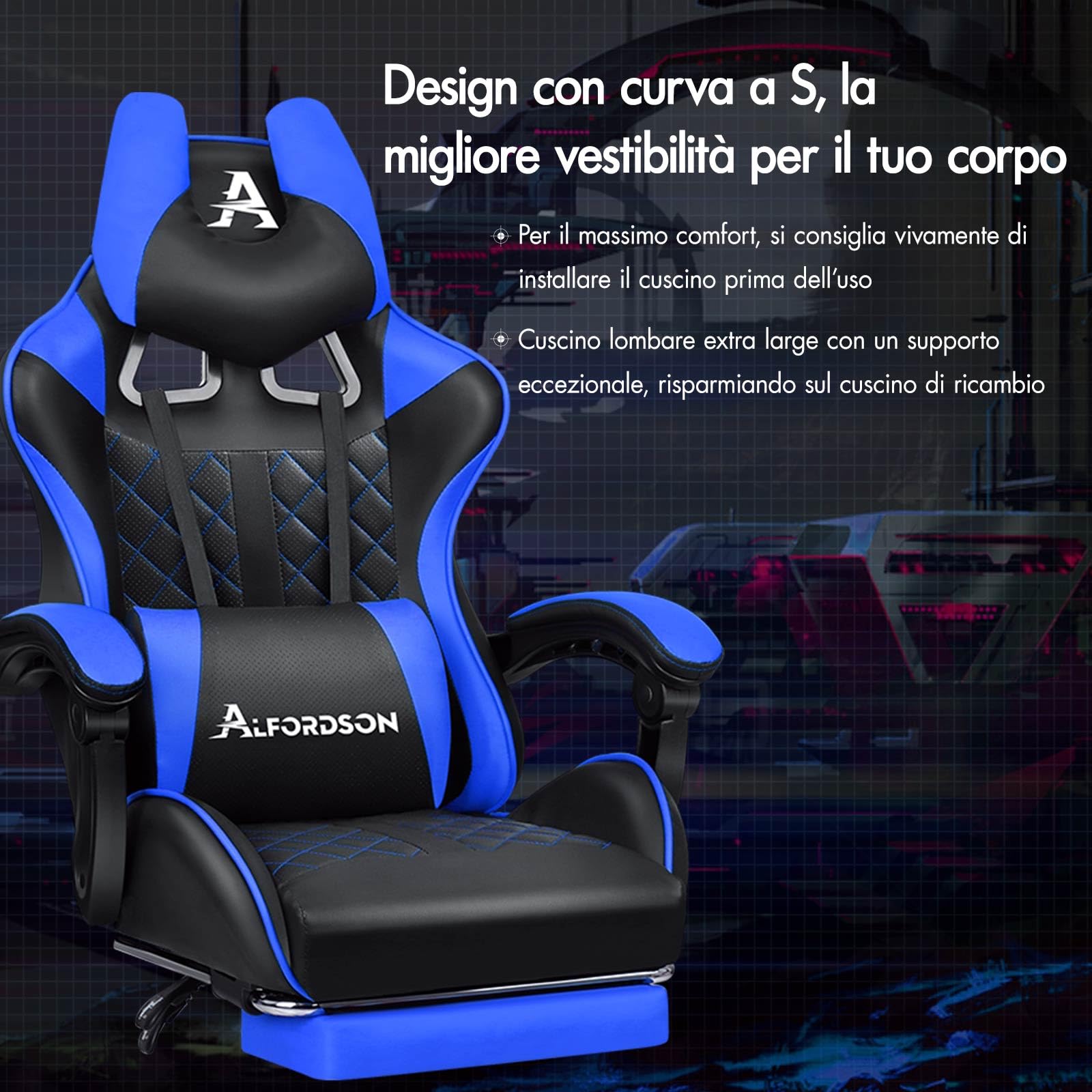 ALFORDSON Sedia Gaming Ergonomica Reclinabile con Poggiapiedi Blu | Poltrona Gamer in Similpelle Serie ETHAN, Schienale regolabile, con supporto lombare e poggiatesta, portata 180 kg