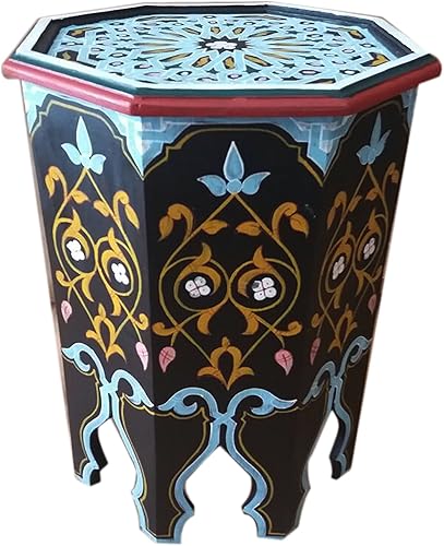 Treasures Of Morocco Mesa auxiliar de madera marroquí esquina café hecho a mano negro morisco