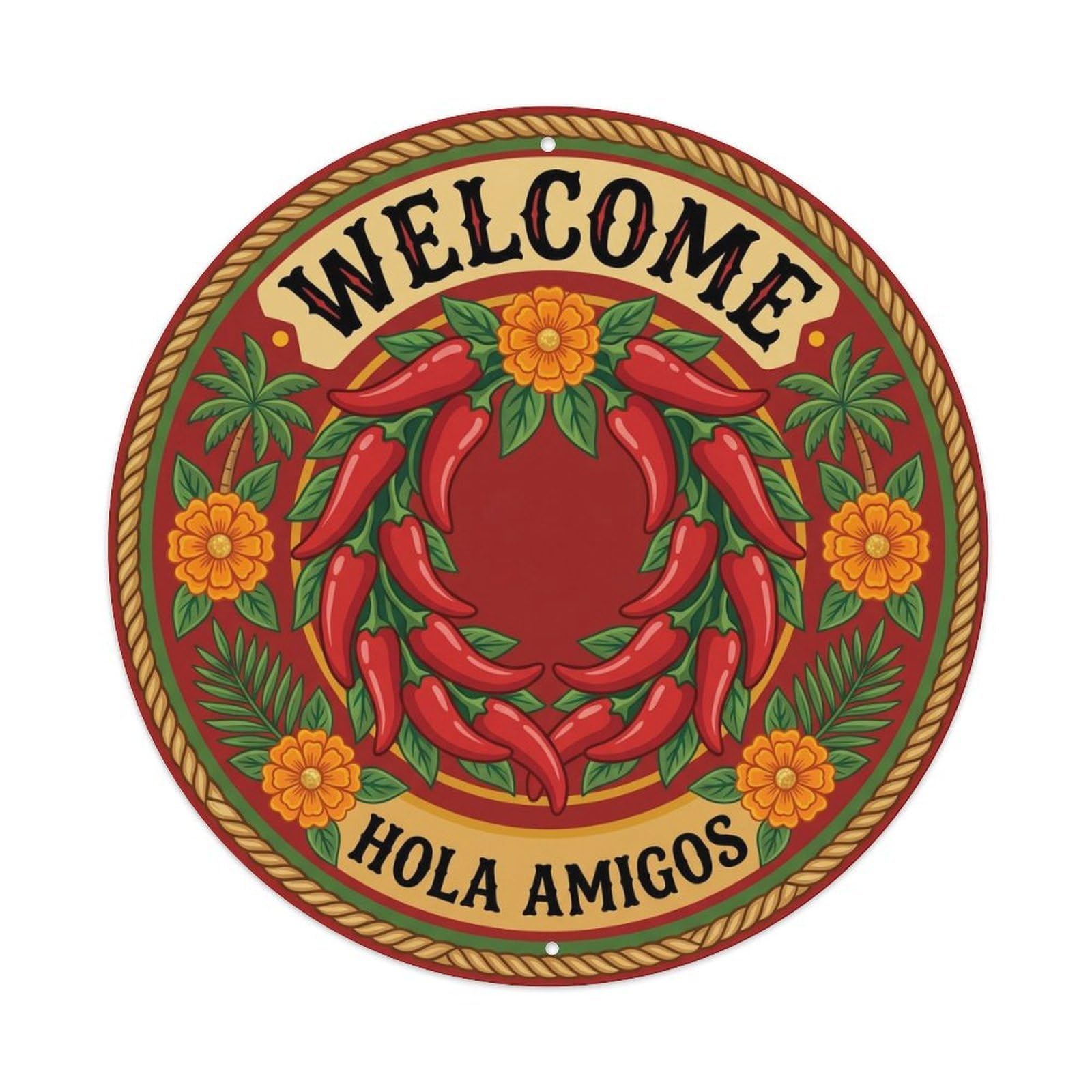 Welcome Chili Pepper Metal Tin Sign Plaque Wall Decor for Cafe, Club, Garden Round Metal Poster 8x8Inch