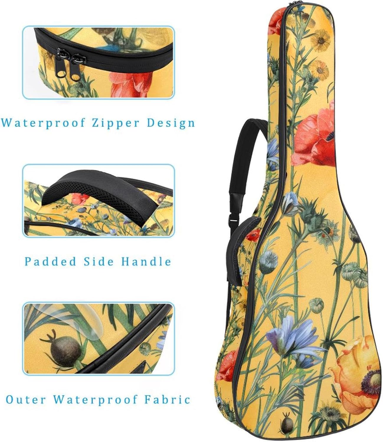 Acoustic Guitar Gig Bag 10mm Thick Padding, Soft Waterproof Guitar Case with Adjustable Backpack Straps for 40-42 Inch Guitar, Watercolor Wild Flowers on Colored Background