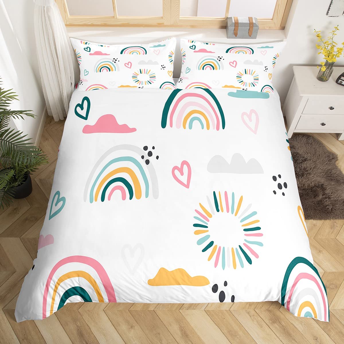 richhome Girls Catoon Rainbow Duvet Cover Pink Love Heart Comforter Cover Set Decor Cute Cloud Bedding Set Kawaii Stripes Polka Dots Theme White Bedroom 2Pcs Cot