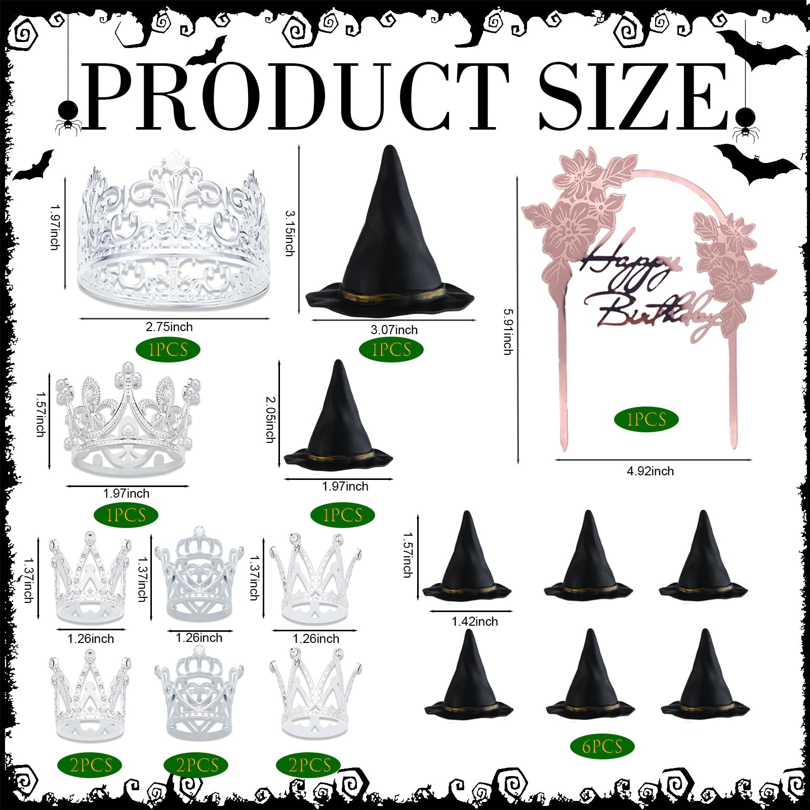 BiBo Witch Hat & Princess Crown Cake Topper Set - 17 PCS Witch Theme Party Decor, Cupcake Toppers For Birthday - View #2