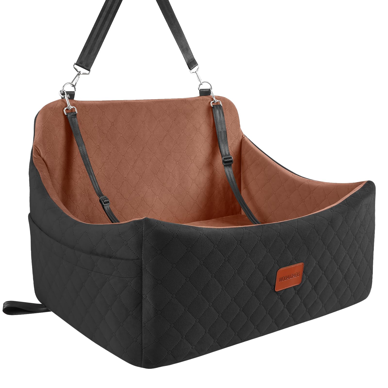 Wooaidagg Dog Car Seat for Medium & Large Dogs Up to 55lbs, Memory Foam Cushion, Washable Cover, Safety Straps & Non-Slip Bottom(Black/Brown,Large)