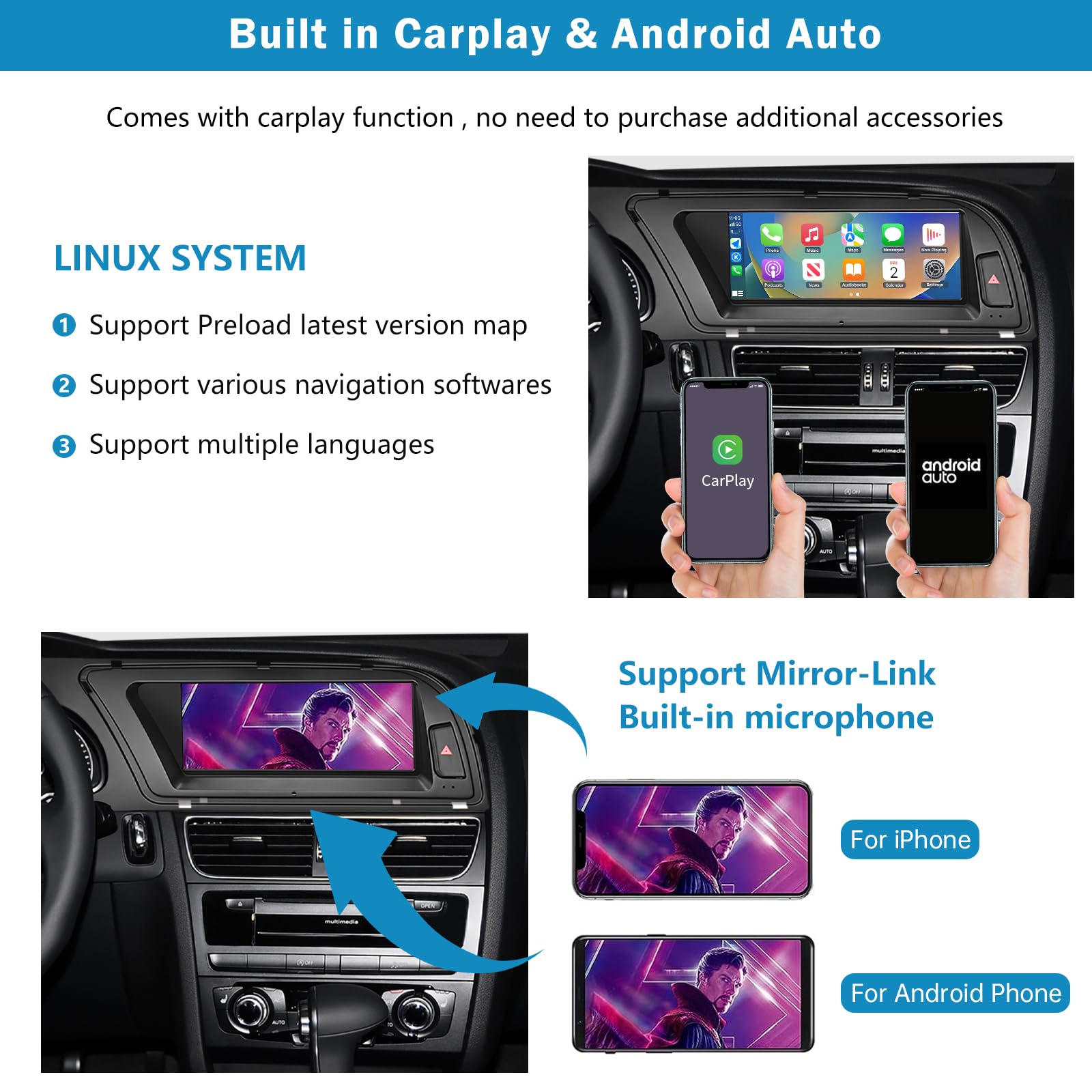 Autoradio écran Tactile 8,9" avec Carplay sans Fil et Android Auto pour 2009-2016 Audi A4 S4 avec système 3G MMI+, Prend en Charge Mirrorlink, Caméra, Navigation