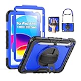 SEYMAC Case for iPad (A16) 11th/10th Generation 2025/2022 (11″/10.9″), Heavy Duty Full-Body Shockproof Protective Case with Screen Protector, Rotating Stand, Hand/Shoulder Strap, Black/Dark Blue