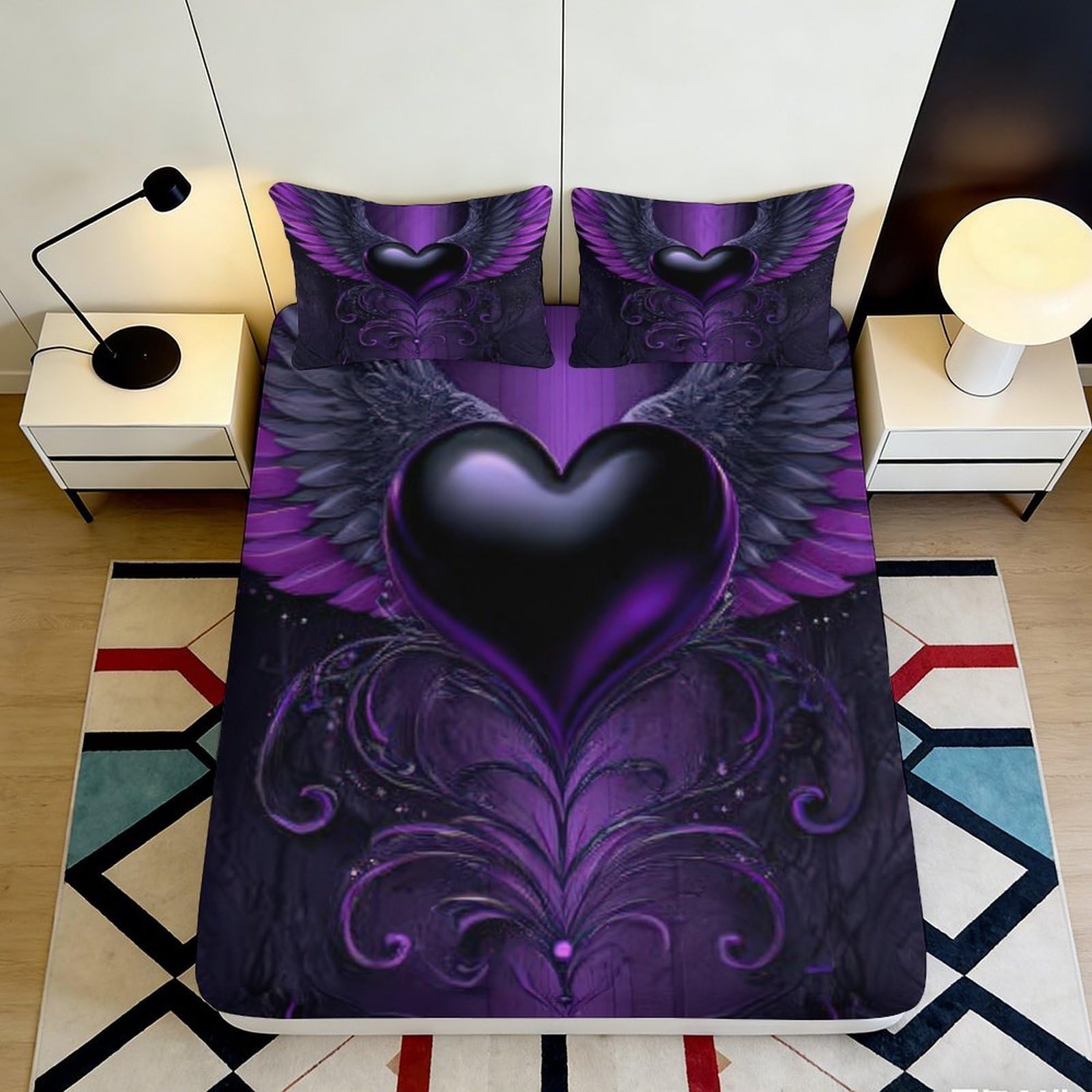 3D Printed Purple Winged Heart Fitted Sheet Microfiber Soft Breathable Gothic Swirl Mattress Cover Decor for Bedroom Dorm 120x200x25cm