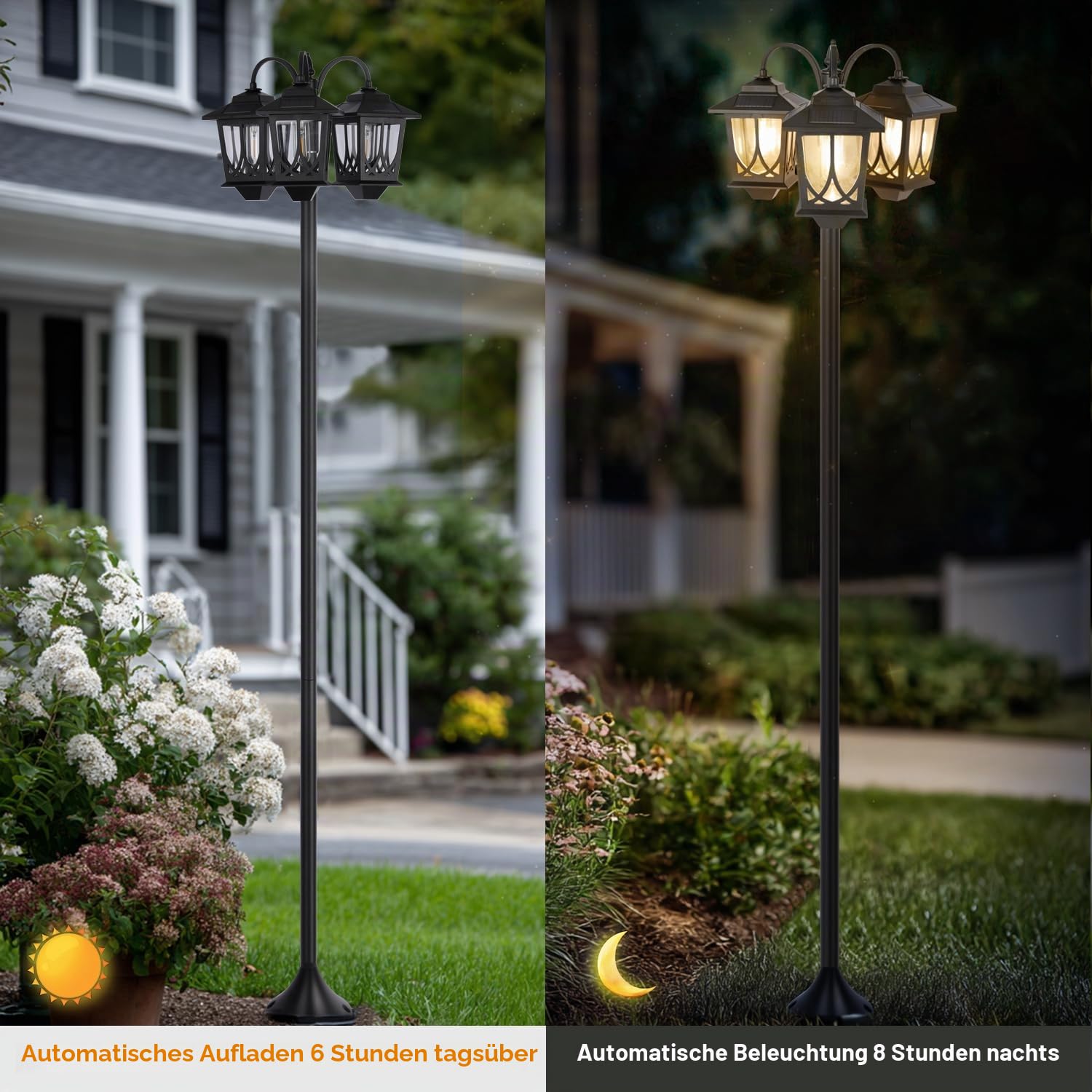 3-Kopf-Solarlampe Pfostenleuchte, 185,4 cm, Solarleuchten für den Außenbereich, wasserdicht, 60 lm, 3000 K, Wegeleuchten für Garten, Rasen, Hof