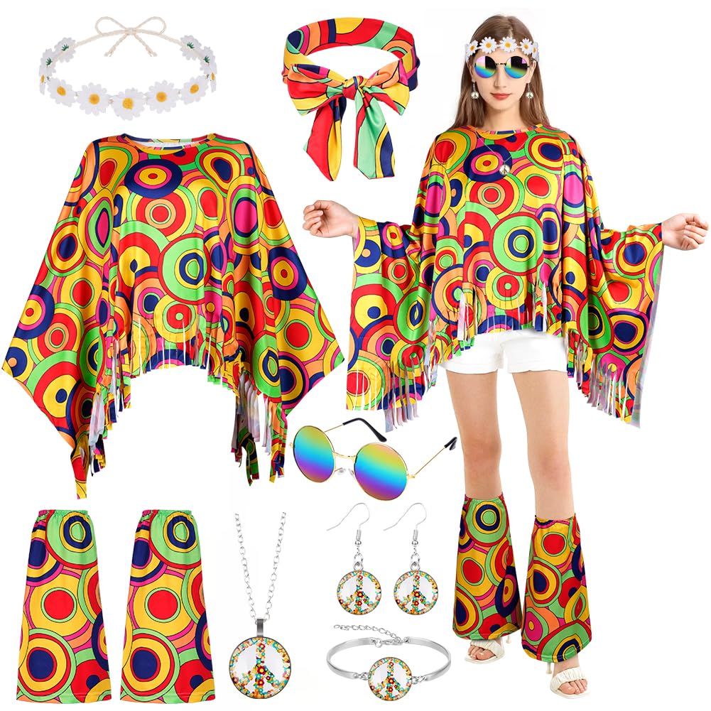 AOOWU Hippie Costume Accessories Set, 10 Pcs 70s Fancy Dress Women Disco Hippie Costume Outfits, Hippie Clothing Set with Hippie Cape Legs Sleeves Headband Sunglasses Earrings — image 1