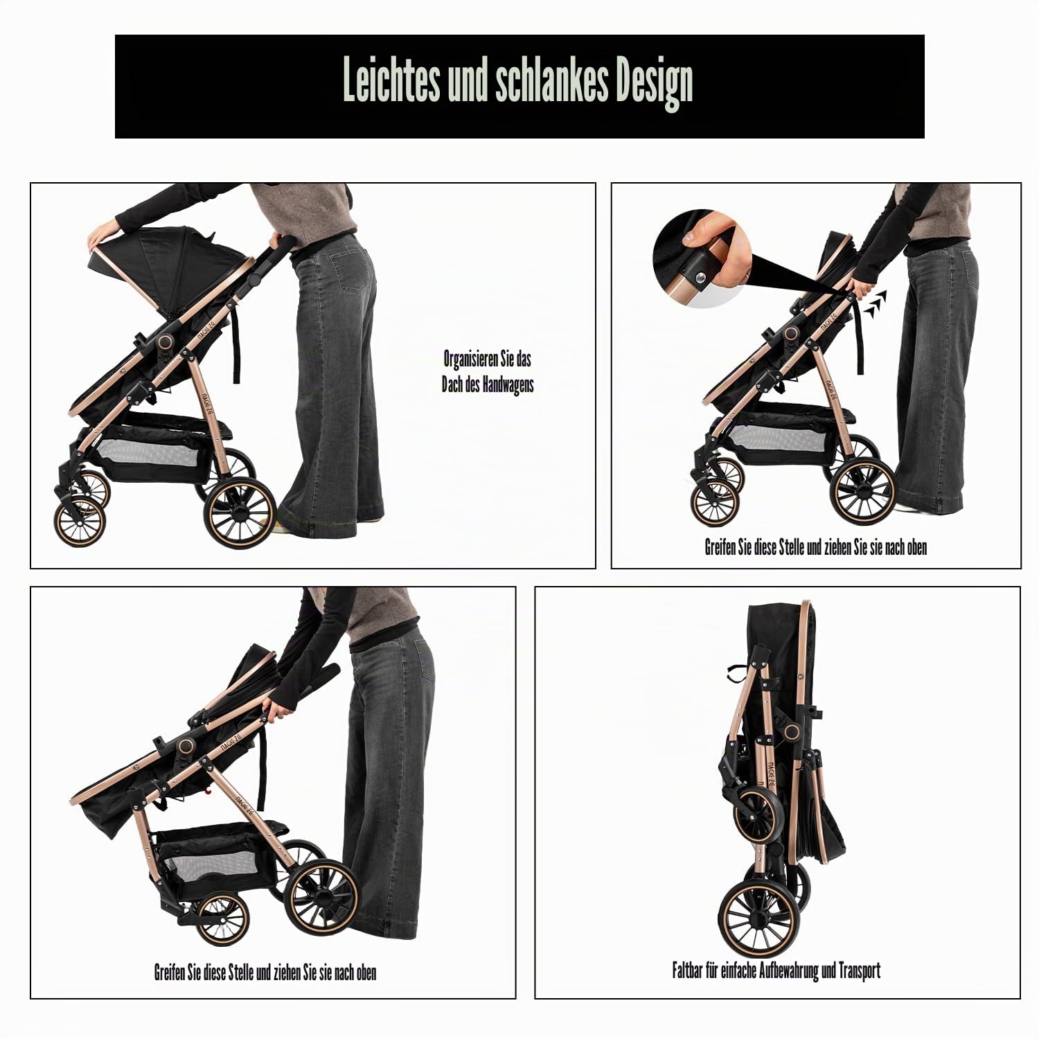 3 in 1 Kinderwagen, Liege- und Wendbarer Reisesysteme Buggy, 3-teiliger One-Click-Klappkinderwagen, Babywagen mit Komplettem Zubehör und Doppelbremsen (V8 BlackGold)