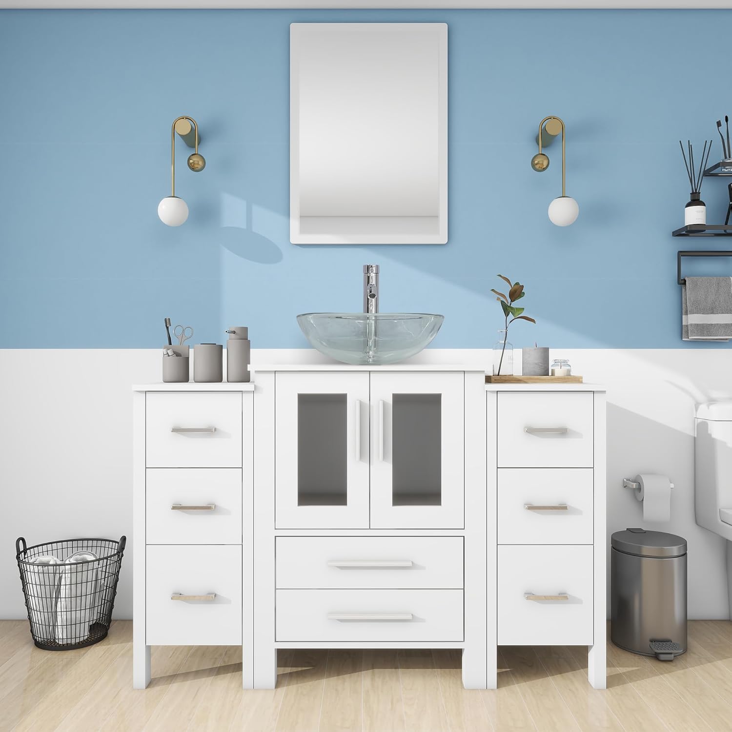 Amazon.com: UEV 48" White Bathroom Vanity Cabinet with Glass Round Bowl ...