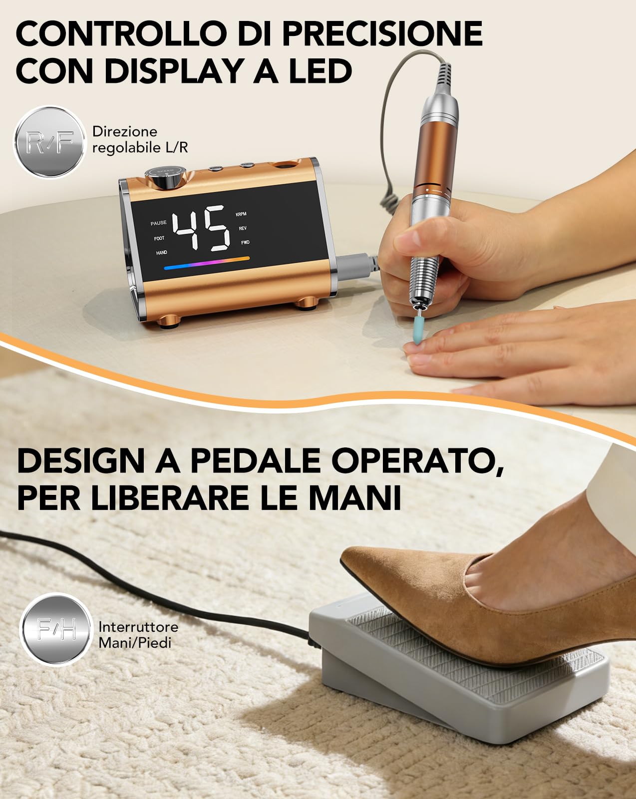 HOMEASY Fresa per Unghie Professionale 45000 Giri, Fresa Elettrica per Manicure e Pedicure con Schermo LCD HD e Pedale, Basso Rumore e Vibrazioni, Set con 10 Punte e 75 Cilindri Abrasivi