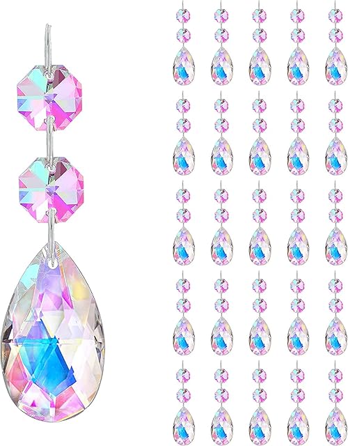 25pcs 50mm AB Crystal Teardrop Chandelier Prisms Rainbow Sucatcher Pendants Hanging Drop with Glass Octagon Beads Replacement Parts