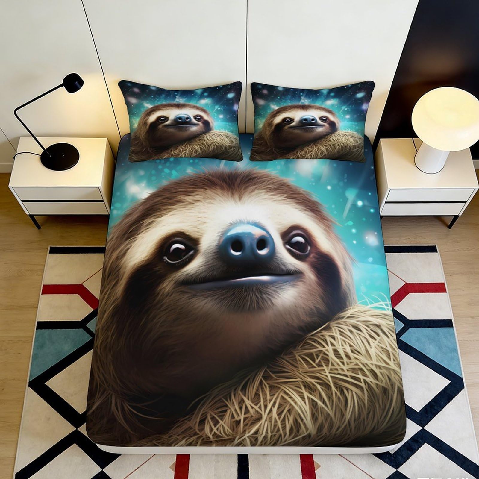 3D Printed Sloth Pattern Fitted Sheet Microfiber Soft Breathable Galaxy Bed Sheet for Bedroom Dormitory Guest Room Mattress Protection Decor 140x200x25cm