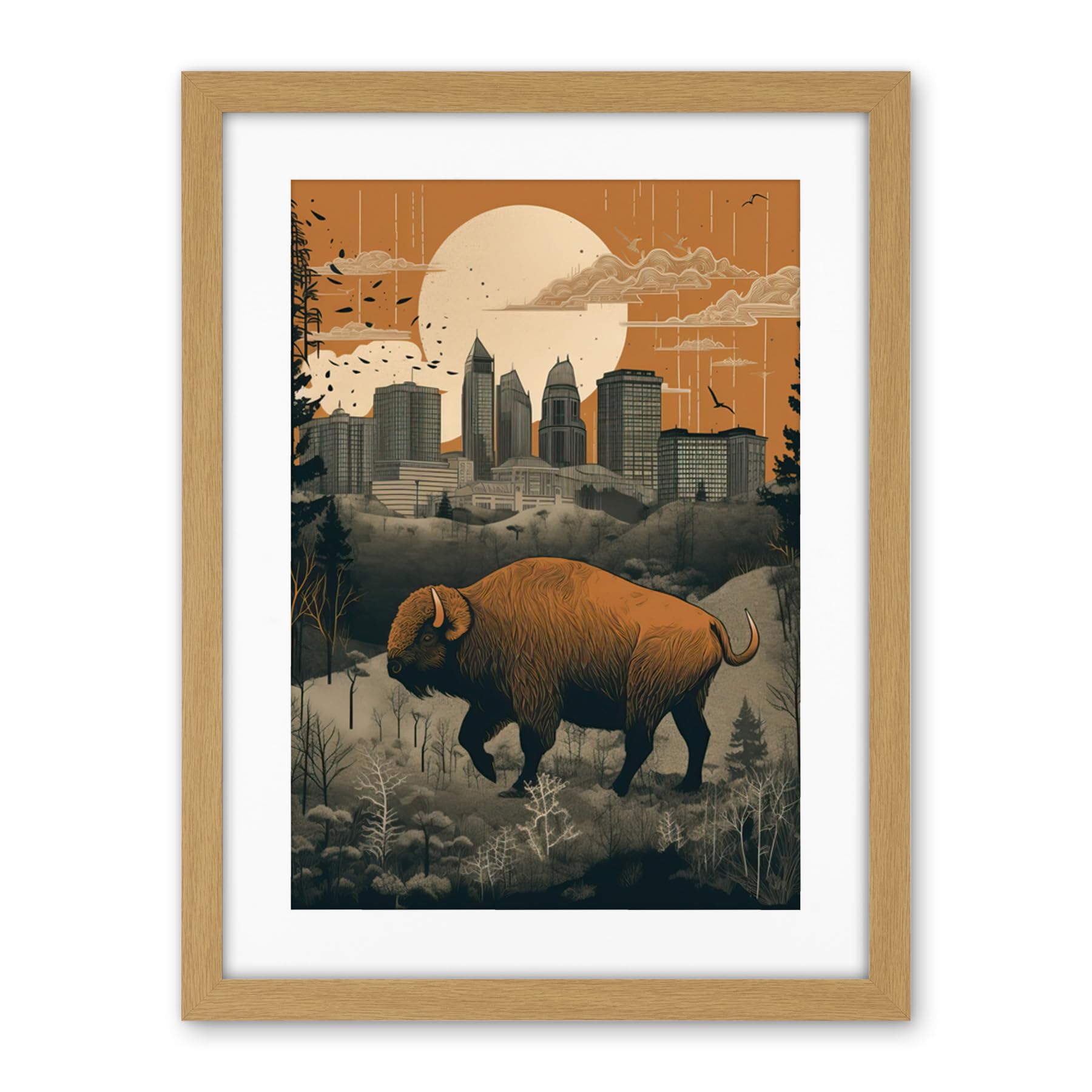 Artery8 Bison in Forest by Urban Cityscape Modern Landscape Artwork Framed Wall Art Print 18X24 Inch