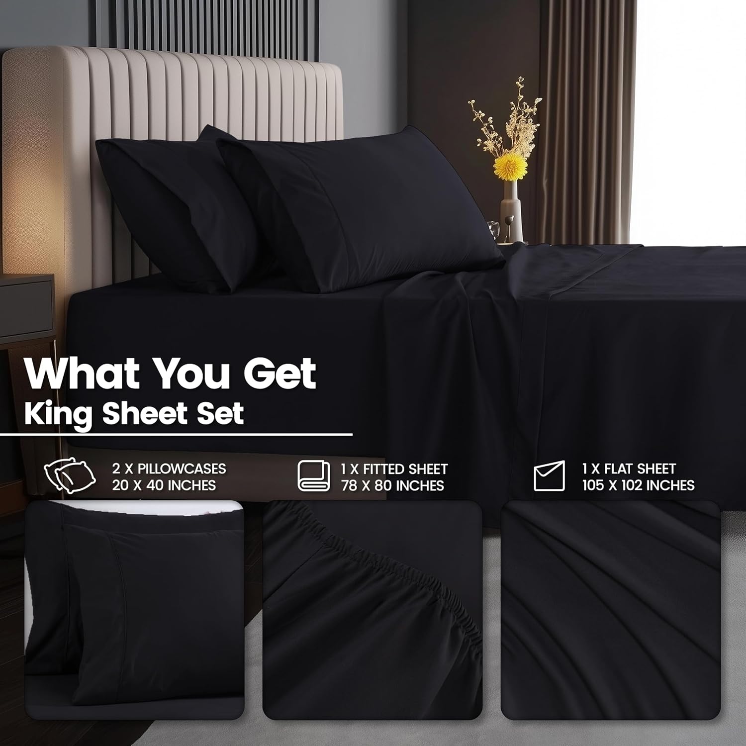 Utopia Bedding King Size Extra Deep Pocket Sheet Set – Fits Mattresses Up to 21 inches – Cooling, Soft & Breathable – Oeko-Tex 4 Piece Bed Sheets (Black)