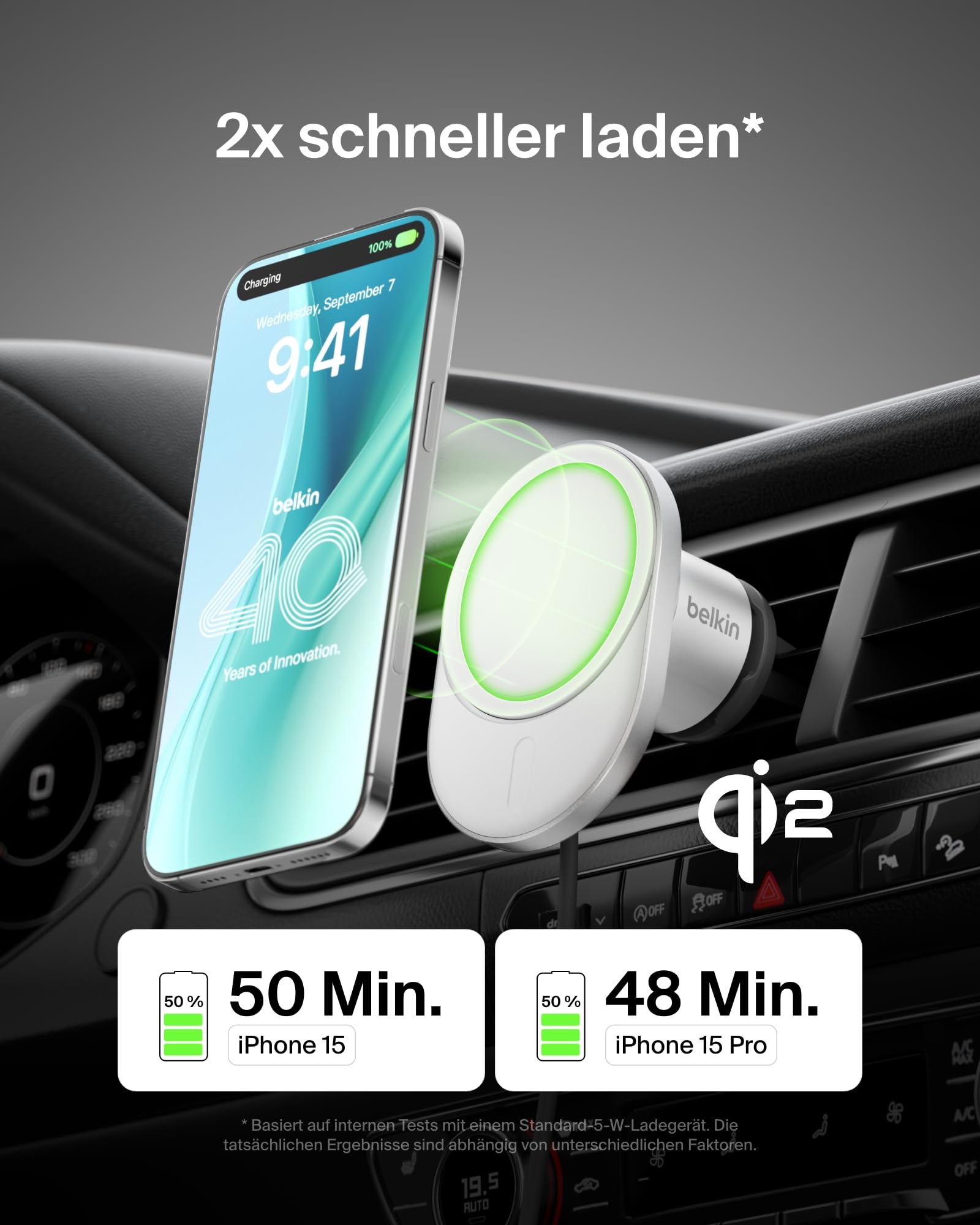 Belkin BoostCharge Pro magnetisches kabelloses Kfz-Ladegerät mit Qi2 (15 W), MagSafe-kompatibles Auto-Ladegerät für iPhone-Serien 17, Air, 16, Pixelsnap, mit USB-C Kabel und 20-W-USB-C-Kfz-Netzteil