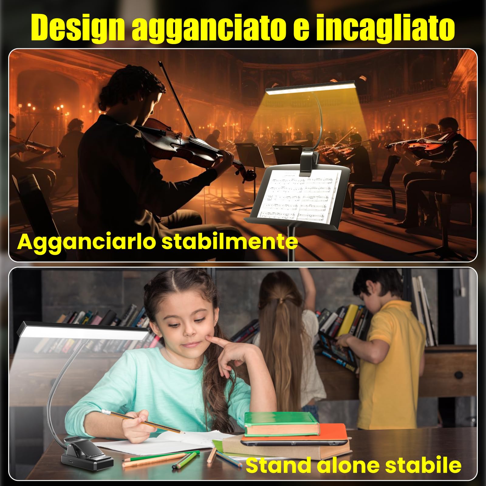 Luce a 30 LED per leggio, luce a clip per leggio, luce ricaricabile USB per pianoforte,luce da lettura, 4 colori e 3 luminosità, perfetta per pianoforte, lettura,violino,orchestra,Spartiti