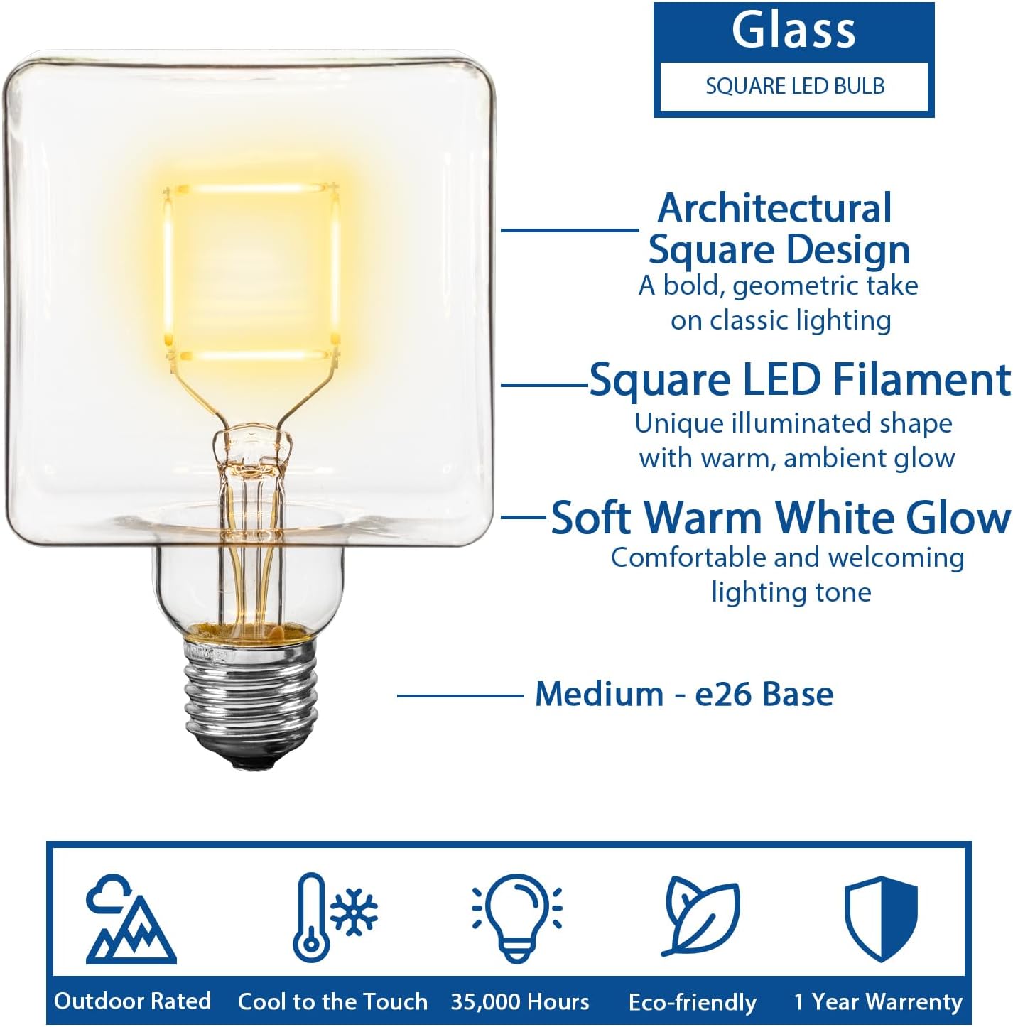 LED Cube Light, Unique Edison Bulb with Square Filament, Large Decorative Lamp, String, or Pendant Bulb, E26 Medium Base, 5W (50 Watt Equivalent) 2700K Warm White, Clear Coated Glass