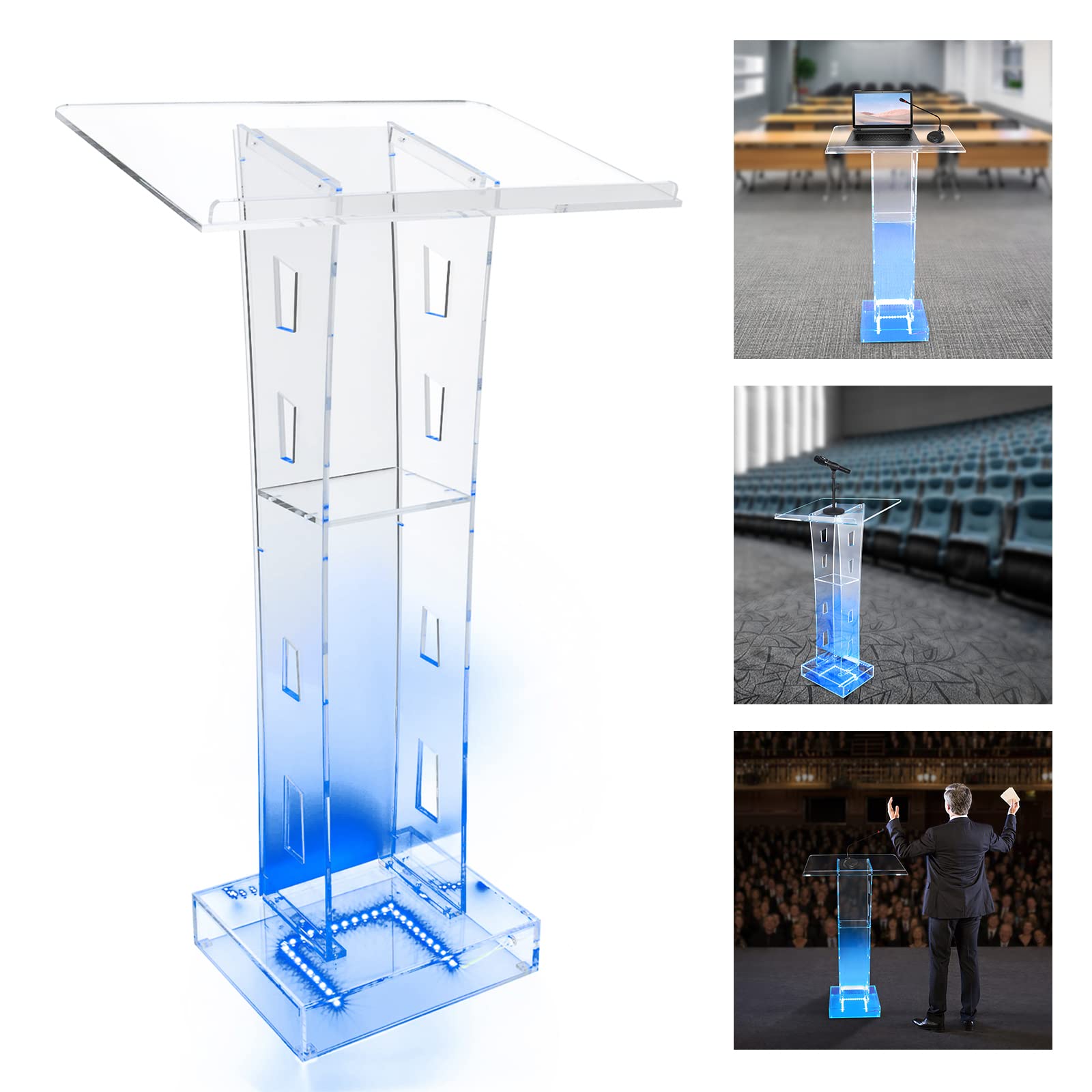 Podium en verre acrylique transparent de 103 cm de haut - Pupitre LED en verre acrylique