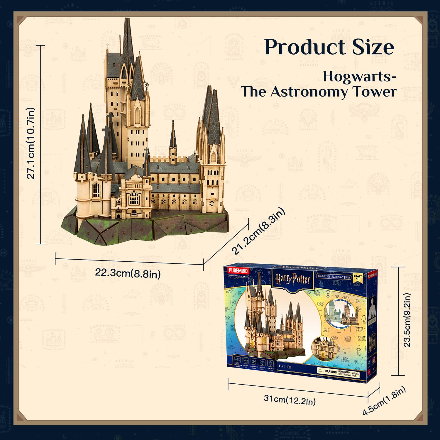 PUREMIND Harry Potter Offiziell Lizenziertes 3D Holzpuzzle - Hogwarts Astronomieturm Modellbausatz für Erwachsene mit Licht & Musik - Magisches Schloss DIY Sammler-Dekoration & Geschenk für Fans
