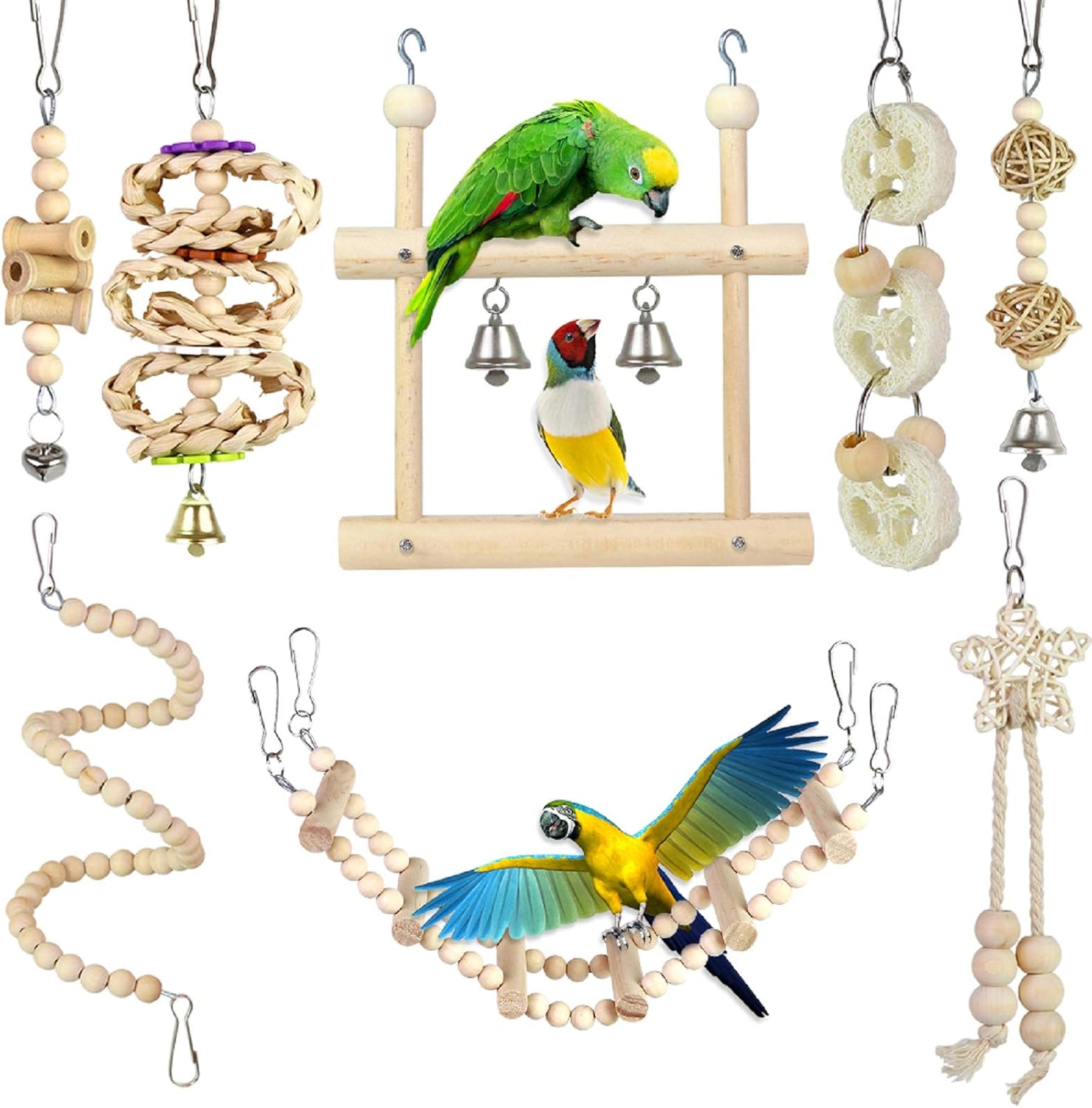 Small Bird Swing Toys, 8 Pieces Parrots Chewing Natural
