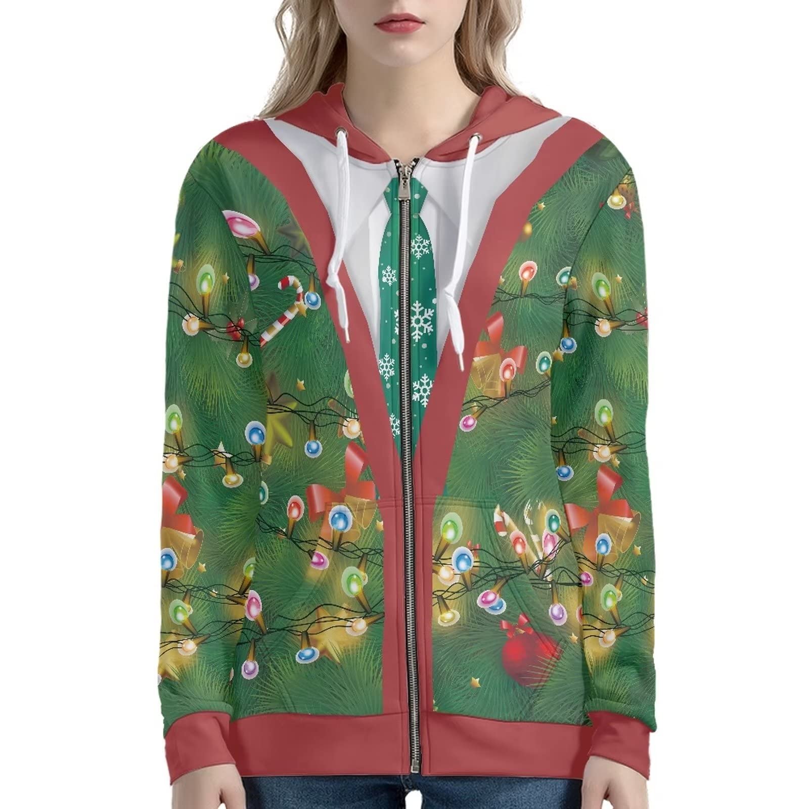 HUIACONG Bluza z kapturem zapinana na zamek błyskawiczny damska bluza z kapturem rozmiar XS-5XL nastolatki sweter, Śnieżna choinka prezenty sweter, 3XL