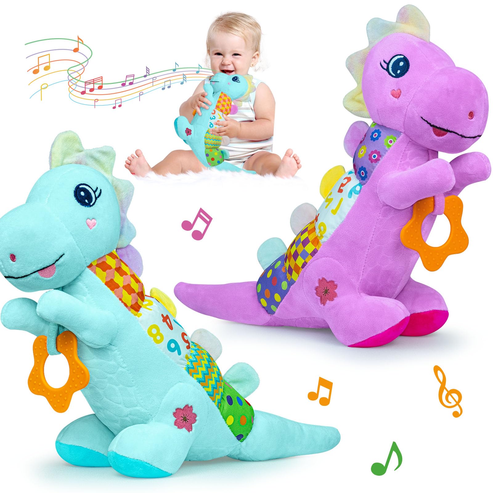 Baby Dino Musical Stuffed Animal Toys for 0-3-6-9-12 Months，Infant Dinosaur Tummy Time Toys with Crinkle Sound Paper,Teether，Textures & Rattles for Newborn Boys Girls Birthday Gifts