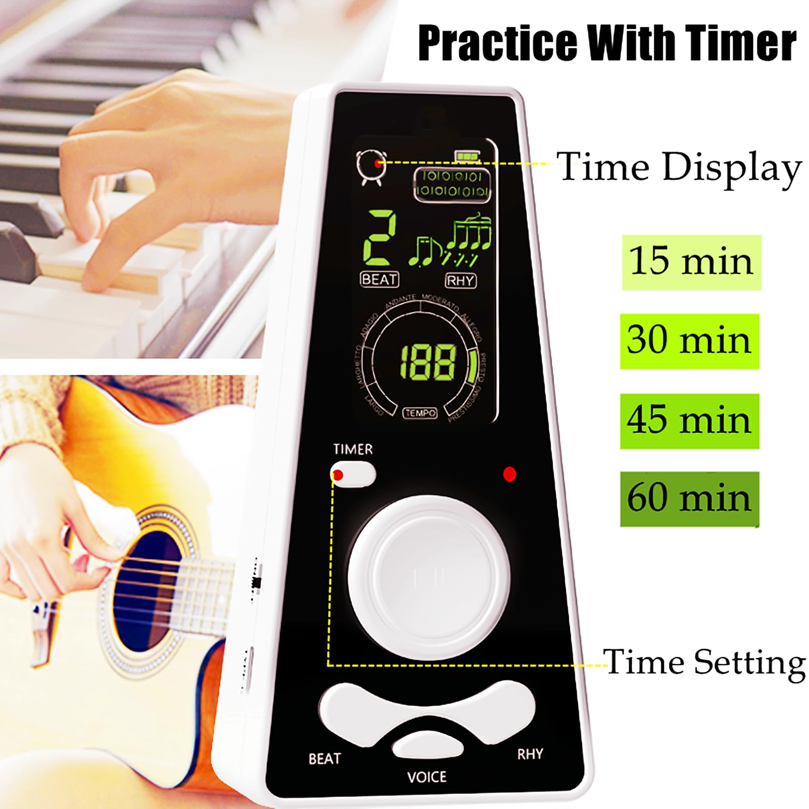 Metronomo Digitale S200 - Battito Vocale Ed Elettronico, Tempo 40-208 BPM, Timer, Ricaricabile - Foto 6