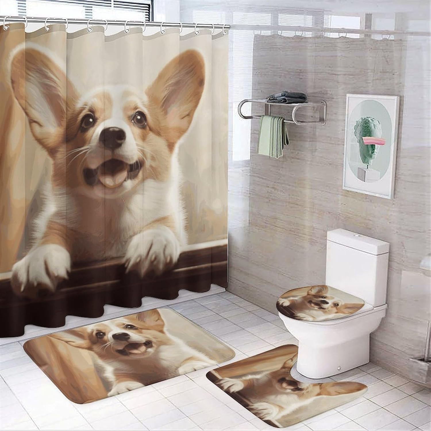 Cute Corgi Shower Curtain Set 4 Piece, Non-Slip Bath Mat with Toilet Lid Cover and Waterproof Shower Curtain with 12 Hooks, Complete Bathroom Set for Home Decor
