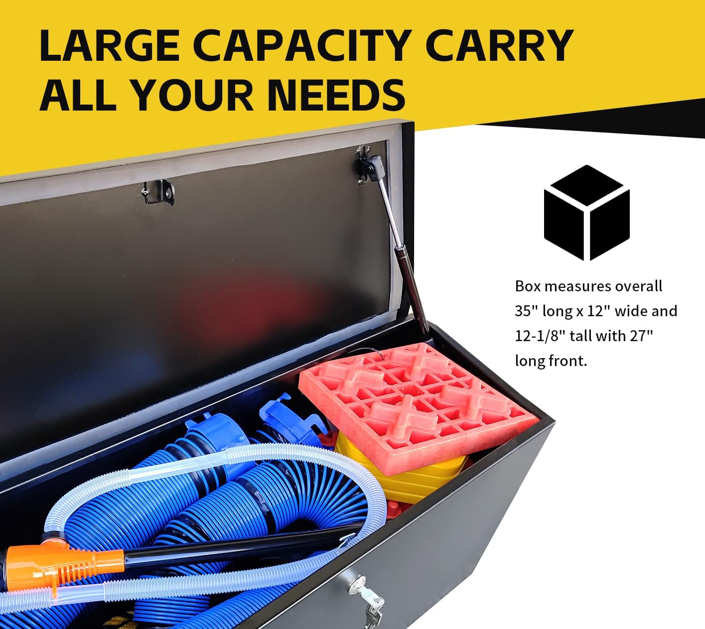 MaxxHaul 80350 Black Steel Tongue Box Tool Chest, Tool Box Trailer Storage Organizer with Lock and Keys, for Pick Up Truck Bed, RV