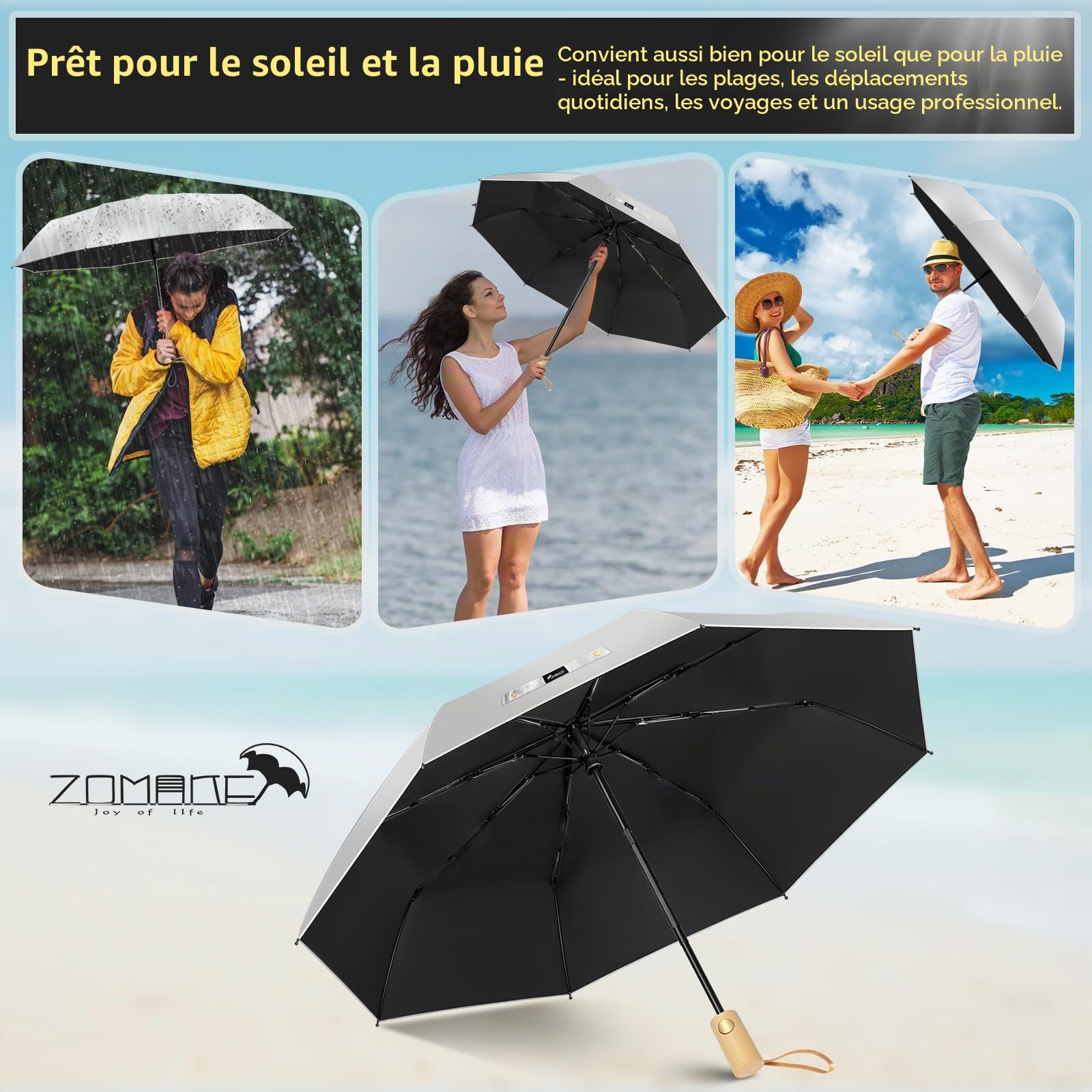 ZOMAKE Grand Parapluie Pliant Anti UV,Parapluies Compact Solide Anti TempêTe,Ombrelle Soleil Automatique Avec Poignée en Bois pour Homme Femme